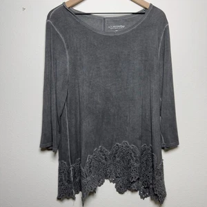 Weiche Umrandung Damen Tunika Top groß grau bestickt Applikation Lagenlook - Bild 1 von 10