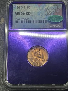 1939 S Lincoln Wheat Cent Penny NGC Purple Core Slab MS66 RD Red CAC Approved - Picture 1 of 4