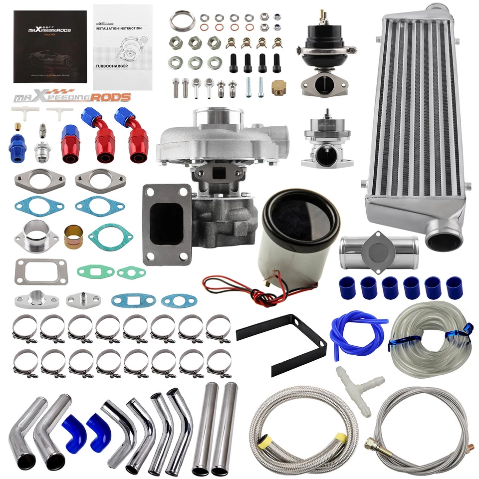 T3/T4 T04E Universal Turbo Turbocharger Kit + Intercooler+BOV+Wastegate Oil Line - Imagem 1 de 4