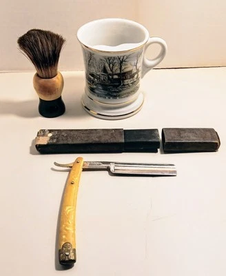 Vintage Shaving Kit Razor, Brush, Mug, Strop Giesen Forsthoff Rubberset Allegro - Image 1 of 4
