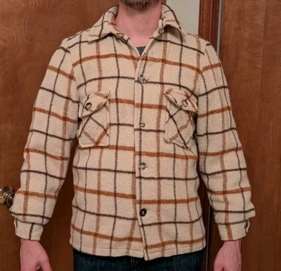 (SMALL) 1960s Rockabilly Plaid Camp Coat WHITE & BROWN Wool Button Up VINTAGE - Image 1 of 4