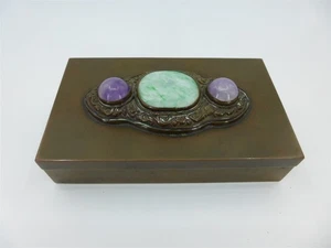 Scatola in rame cinese vintage foderata in palissandro con decorazione giada e ametista 6" x 3,5" - Foto 1 di 6