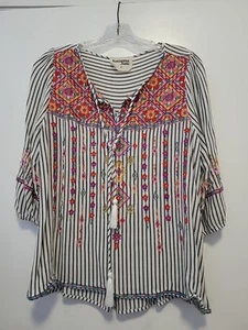 Blusa Campesina Savanna Jane Rayas con Bordado Floral Borlas Boho Mediana - Imagen 1 de 6