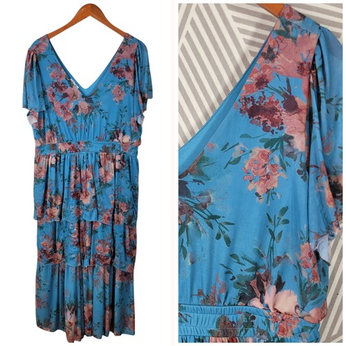 PALM ANGELS Abito Maurices Elasticizzato Taglie Forti 1X Maxi Blu Lungo Flouncy Livelli Cottagecore