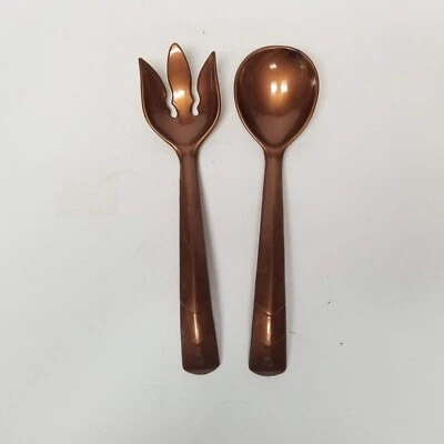2 Shiny Brown Plastic Salad Serving Fork and Spoon Set Copper Bronze Color - Image 1 of 4