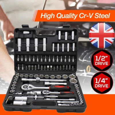 94Pcs Ratchet Spanner Wrench Socket Set 1/2" 1/4" Screwdriver Bits Hand Tool Kit