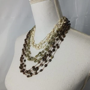 Layered Statement Necklace Multi Ivory Green Earth Tone Beaded Boho Wear To Work - Picture 1 of 11