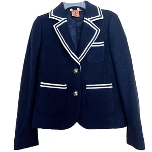 Tory Burch Amara Blazer Jacket Size Small Trimmed Navy Blue Nautical Wool Preppy - Picture 1 of 11