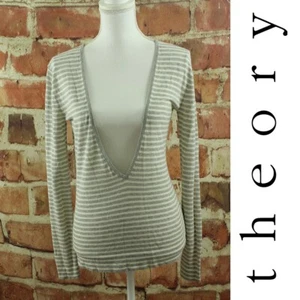 THEORY Sweater Deep V Neck Womens S Gray White Stripes $195 Knit Top Designer - Picture 1 of 9