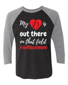 My Heart Is Out There Softball Mom Raglan Short Sleeve T-shirt - Picture 1 of 15