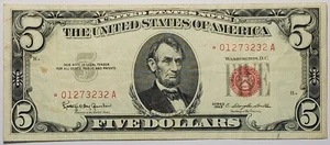 Nicer very crisp 1963 Red Seal $5.00 Star Note w/serial# *01273232A - Picture 1 of 2
