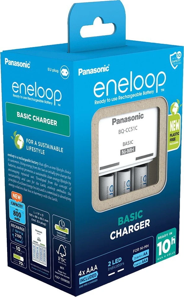 Panasonic Akku Ladegerät eneloop Basic K-KJ51MCD04E 4x AAA 800mAh für 4 AA / AAA - Bild 1 von 1