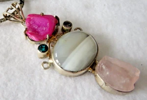 Necklace Asstd. Stone Pendant Encased w/Silver Tn Metal No Chain - Picture 1 of 10