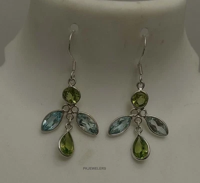 Orecchini fatti a mano in argento sterling 925 con topazio blu multi... - Immagine 1 di 4