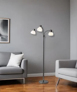 69" Black And White Metal Three Light Tree Floor Lamp With White Bowl Shade - Picture 1 of 5