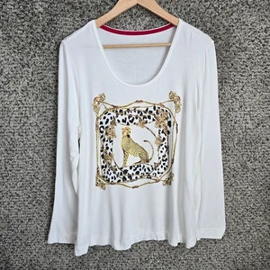 Chicos Top Damen 2 US Large weiß Leopardenmuster Stretch Langarmshirt - Bild 1 von 7