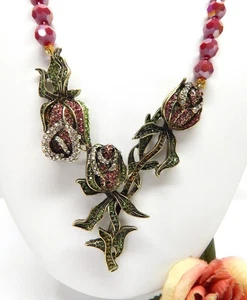 RED CRYSTAL BEAD & RHINESTONE ROSES FLOWER PENDANT NECKLACE 20" - Picture 1 of 4