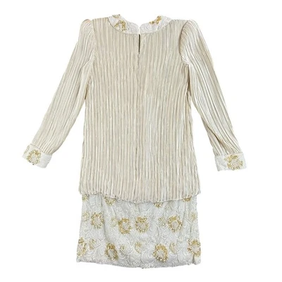 Vintage George F. Couture Dress Women's 8 Ivory Pleated Beaded Lace USA Cocktail - Image 1 of 4
