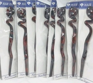 8 pc brown squiggle  Shaped Acetate  Hair Pin 6/1/2in. Bun Hair new rhinestones  - Picture 1 of 2