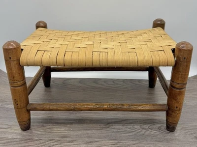 Vtg 16 x 9.5" Handmade Woven Rattan Wicker Wood Crafts Quaker Style Footstool - Image 1 of 4