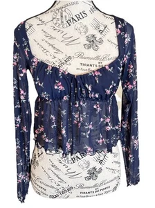 Women’s Live In The Moment Blue Sheer Long Sleeve Floral Top Xs Festival NWT - Picture 1 of 6