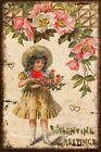 Vintage Valentine Girl & Bouquet of Flowers, Aged Look Image on a New Metal Sign