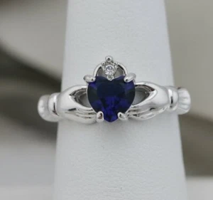 Claddagh Ring; Blue Zirconia Stone 14K White Gold Over Bronze Size 6 3/4 NEW - Picture 1 of 3