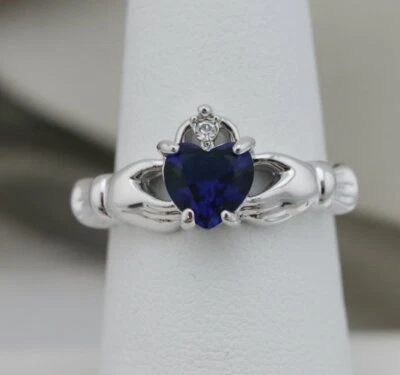 Claddagh 戒指;蓝色锆石 14K 白金青铜尺寸 6 3/4 全新 — 第 1/3 张图片