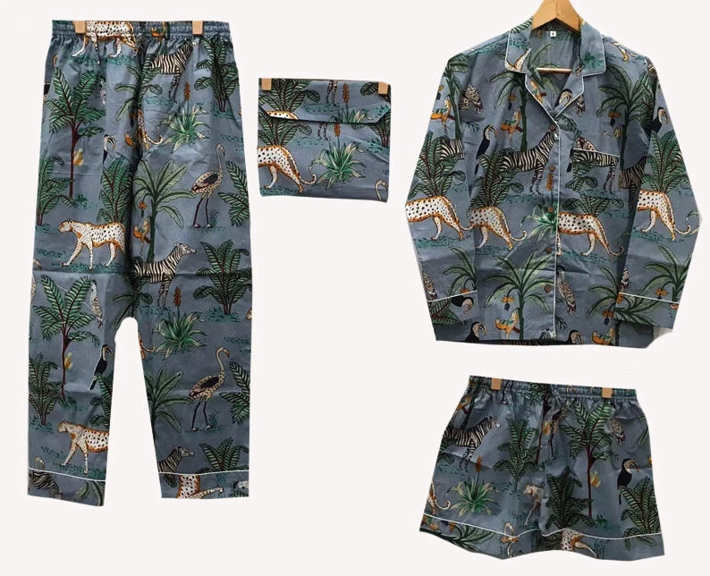 Indian All Color Animal Print PJ Night Suit With Hot Pant Handmade Pajama Set US - Image 1 of 1