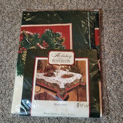 Christmas Tablecloth Holiday Home Statements Cotton Fabric Winter Green 52x52" - Image 1 of 4
