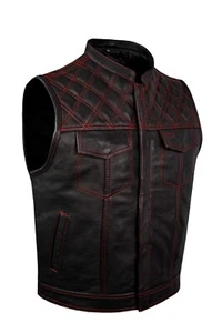 Premium Black Men's Leather Motorcycle Diamond Red Stitching Biker Club Vest - Picture 1 of 5