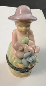 Vintage Porcelain Girl Carrying Flowers Hinged Trinket Box - Picture 1 of 5