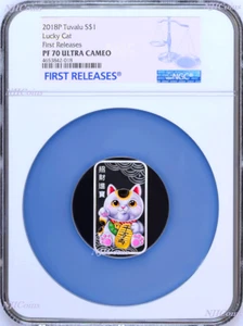 2018 Lucky Cat “ラッキーな猫” “招財貓” 1oz Silver Proof Rectangle Coin NGC PF 70 FR - Picture 1 of 5