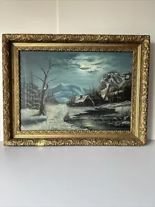 c 1900 Luna Nieve Montaña Pueblo Cabaña Paisaje Antiguo Óleo Pintura Arte Noche - Imagen 1 de 22