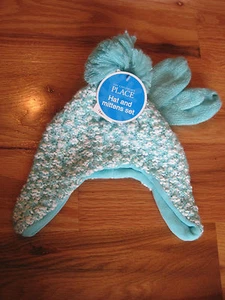 THE CHILDREN'S PLACE Seafoam Blue Hat Mitten Set Popcorn Girl  S NEW  - Picture 1 of 9