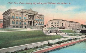 River Front Showing City Library &  Col\liseum, Des Moines Iowa Vintage PC - Picture 1 of 2