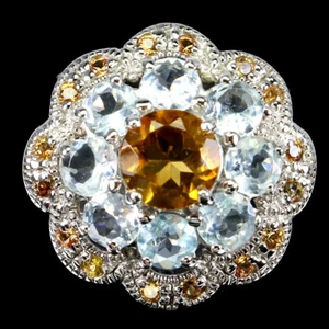 Anello In Argento Sterling 925 Rotondo Citrino Acquamarina Zaffiro Gioielleria - Foto 1 di 13
