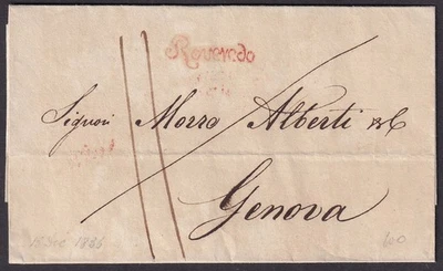 ITALY 1838 stampless cover with Fancy Red RACCONIGI to Genova - Image 1 of 2