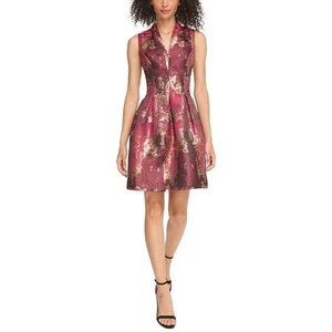 Vince Camuto Women's Jacquard V-Neck Fit & Flare Holiday Party Dress Magenta Red - Picture 1 of 10