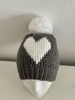 Handmade Crocheted Heart Design Winter Hat , Beanie With Pom Pom , One Size - Image 1 of 4