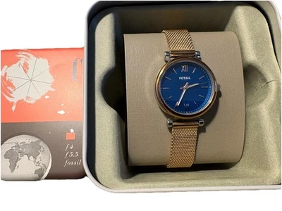 Mini reloj Fossil Carlie para mujer ES4701 28 mm esfera azul sin trapear correa de malla de oro rosa Foto 1 de 4