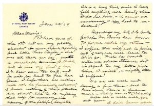 Carta firmada 1909 Lester Leland Hotel Mont-Fleury, Cannes Mourning Miss Quigley - Imagen 1 de 4