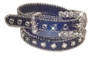 Black Skinny Square Crystal Rhinestone Bling Leather Belt SM M ML L - Foto 1 di 1