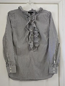 J. Crew Shirt Top Women S Black White Stripe Ruffled Front Button Popover L/S - Picture 1 of 13