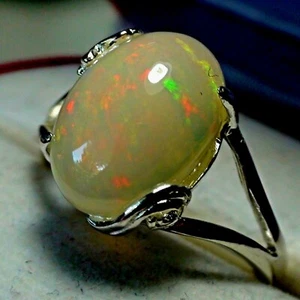 NATURAL! 3.35 ct WHITE VERY FLASH ETHIOPIAN OPAL RING 925 STERLING SILVER.6.75 - Picture 1 of 11