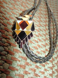 Vintage Traditional 1960s Zuni Sterling Mosaic Inlay Bolo Tie - Picture 1 of 6