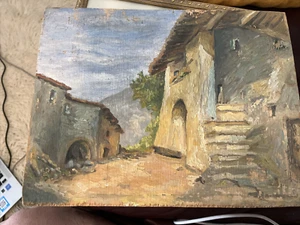ESCENA DE CALLE CAMPESINA, escena de pueblo, panel al óleo vintage 10x13 - Imagen 1 de 4