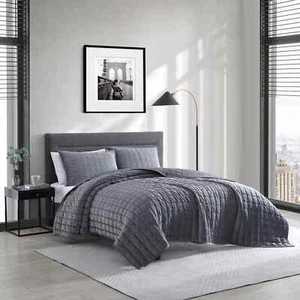 Kenneth Cole New York Solid Velvet Reversible 3 Piece KING Quilt Set Charcoal - Picture 1 of 9