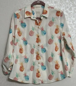 Chicos No Iron Button-Up Shirt Roll Tab Sleeve Pineapple Print Women's Petite 2P - Picture 1 of 6