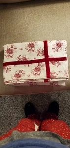 Christmas Tablecloth Red Poinsettia Toile 100% Cotton 54"x 76" Velvet Border Vtg - Picture 1 of 10